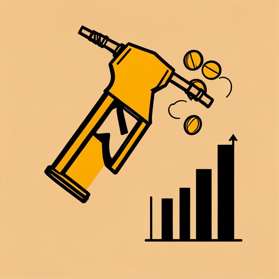 Flat illustration of a fuel nozzle, coins, and a bar chart