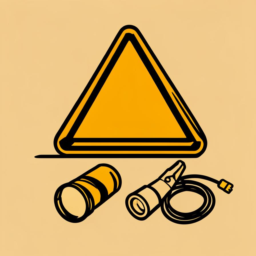 Flat illustration of a warning triangle, flashlight, and jumper cables