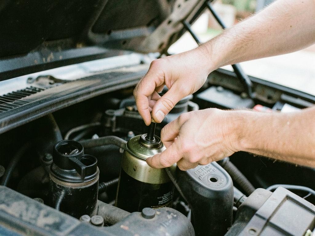 Hands checking engine oil under an open car hood