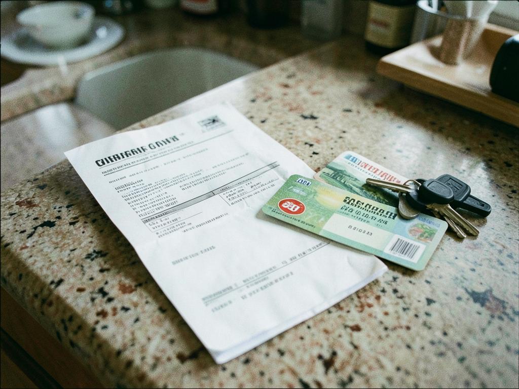 Vehicle registration papers, an insurance card, and car keys on a table