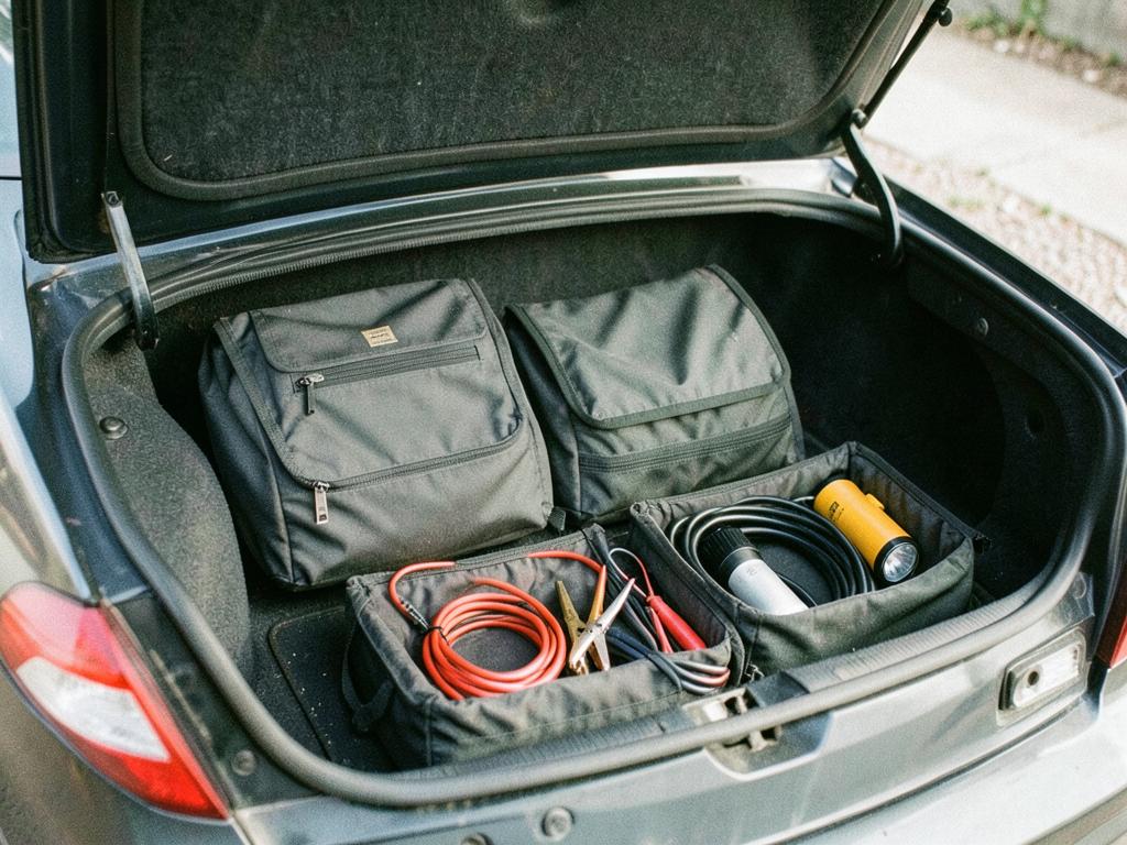 Open car trunk with an organised emergency kit