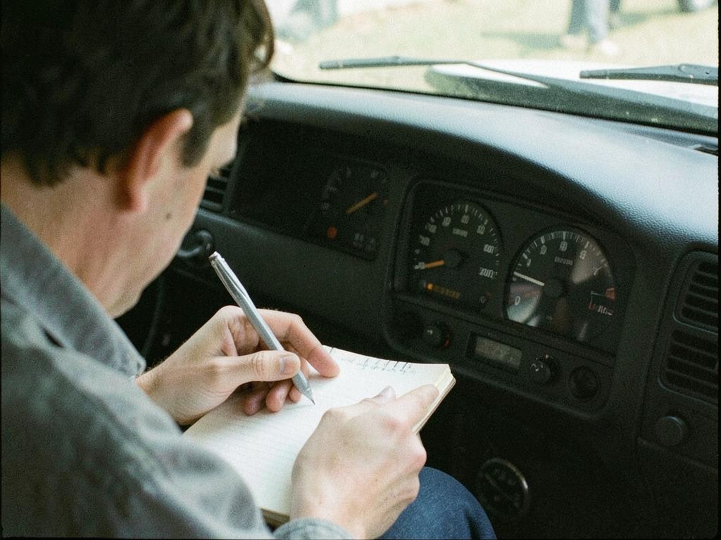 Person writing in a notebook beside a car dashboard
